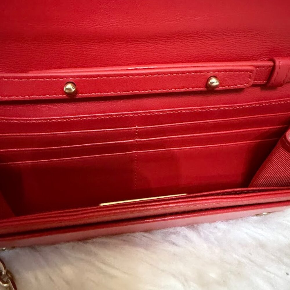 MARIO VALENTINO SPA Red Leather Chain Wallet Clutch V Logo - Picture 6 of 9